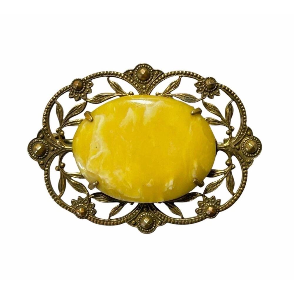 Vintage Amber Cabochon Brooch Filigree Bronze Tone Victorian Revival - Picture 3 of 12